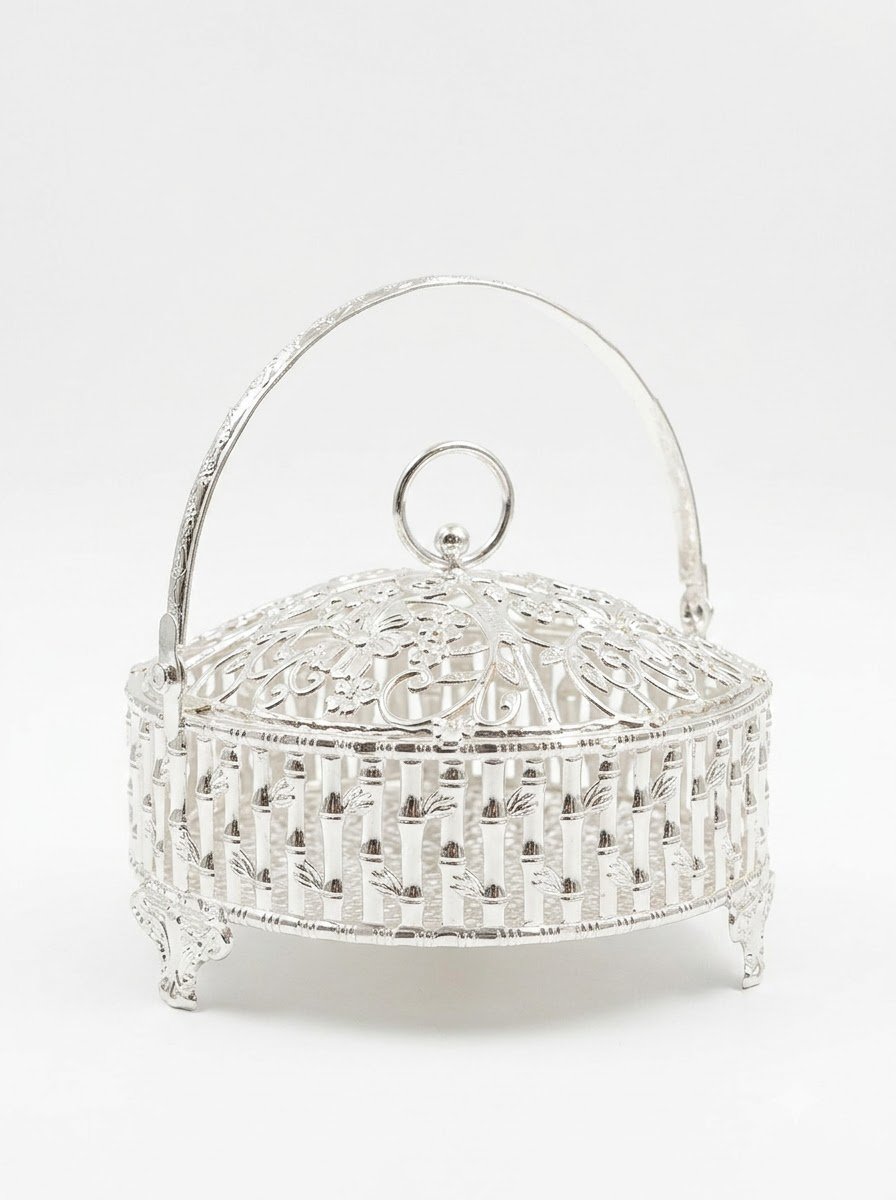 Round Basket with Lid & Handle Bamboo Design