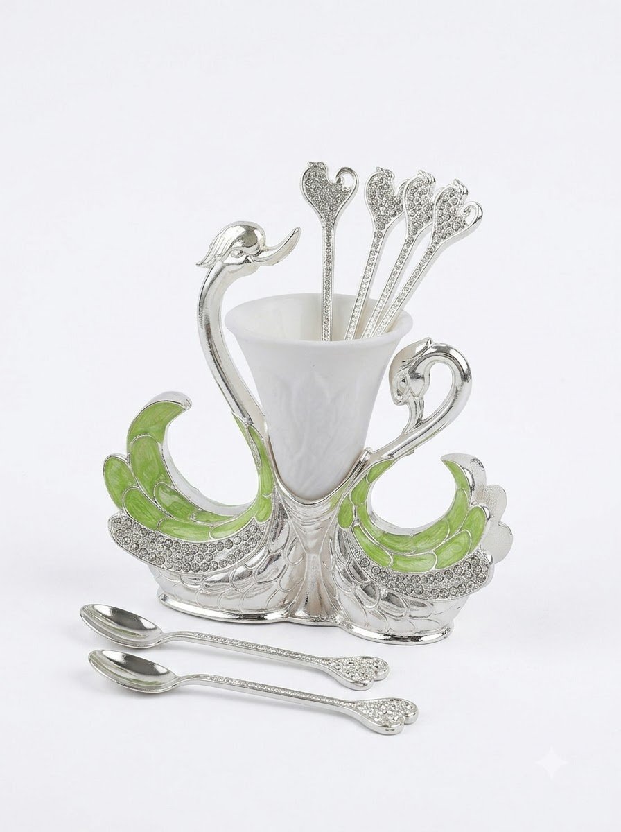 Pair of Swan Spoon Holder with 6 Spoons- Green Enamel