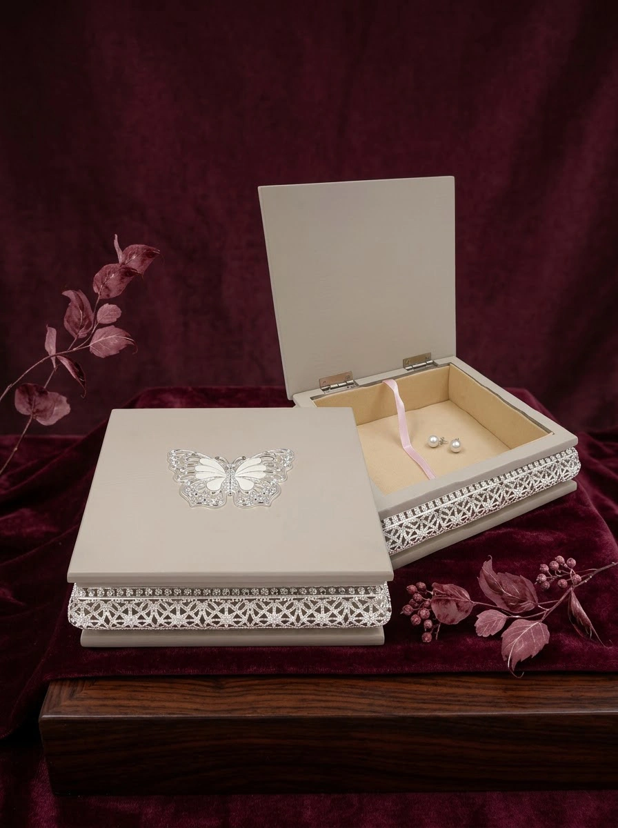 Grey Wooden Box/Butterfly EPOXY- Silver Plated Small