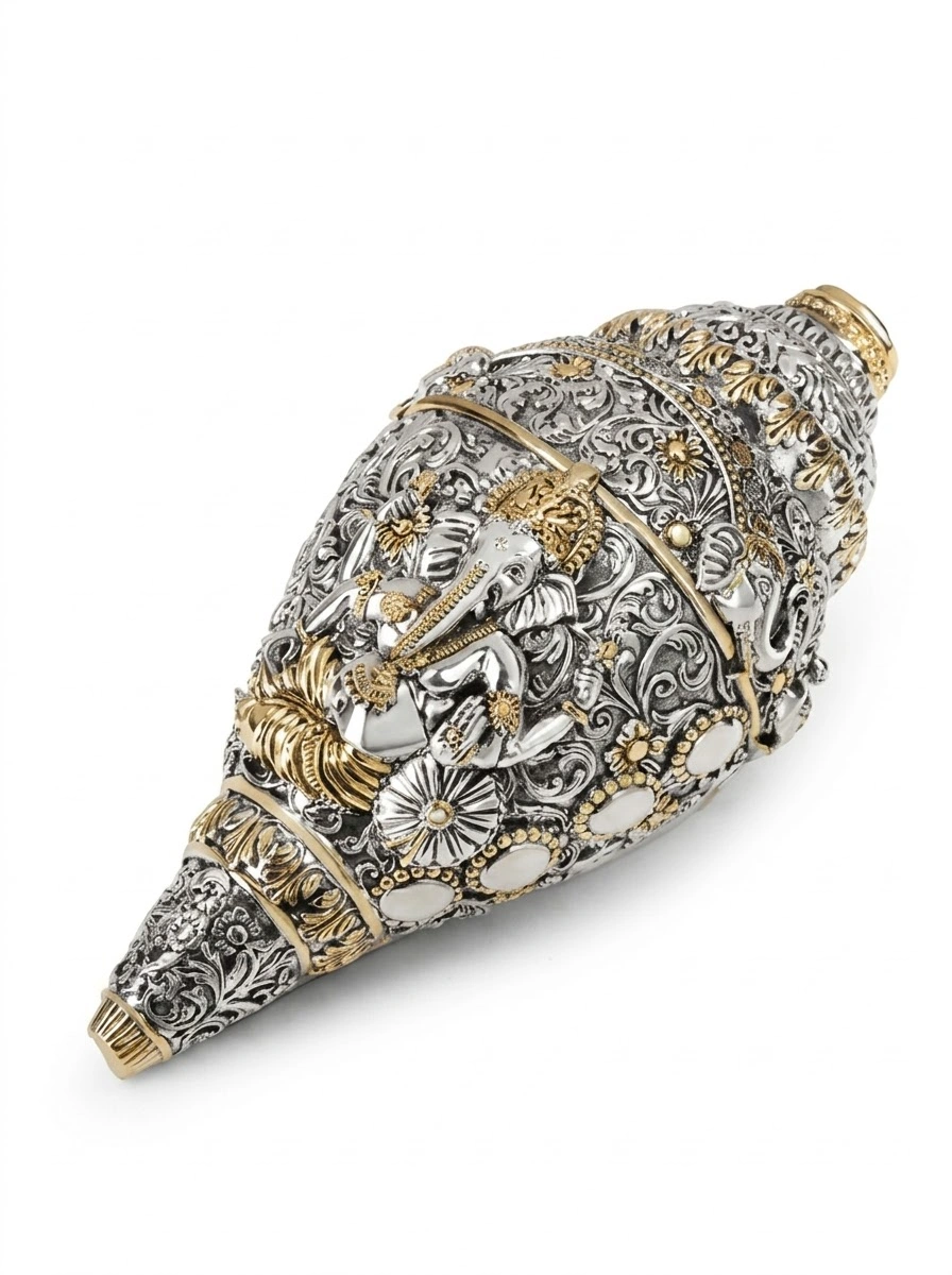 Ganesh Shankh Dual Tone Antiq Silver & Gold