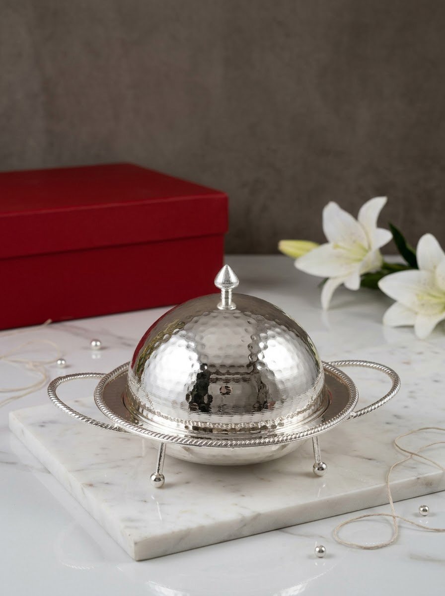 Round Hammered Covered Dish with Handle