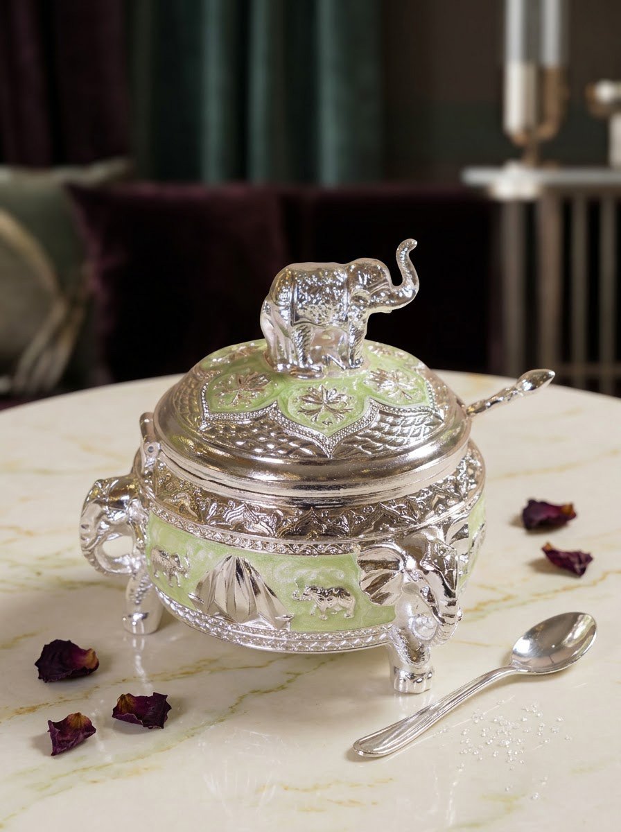 Elephant Sugar Pot Green Enamel