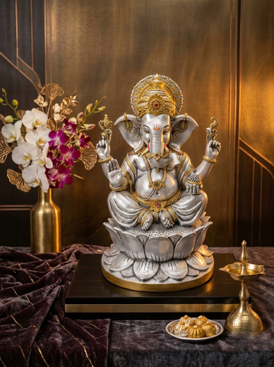 Big Lotus Ganesha Silver Antiq Emery