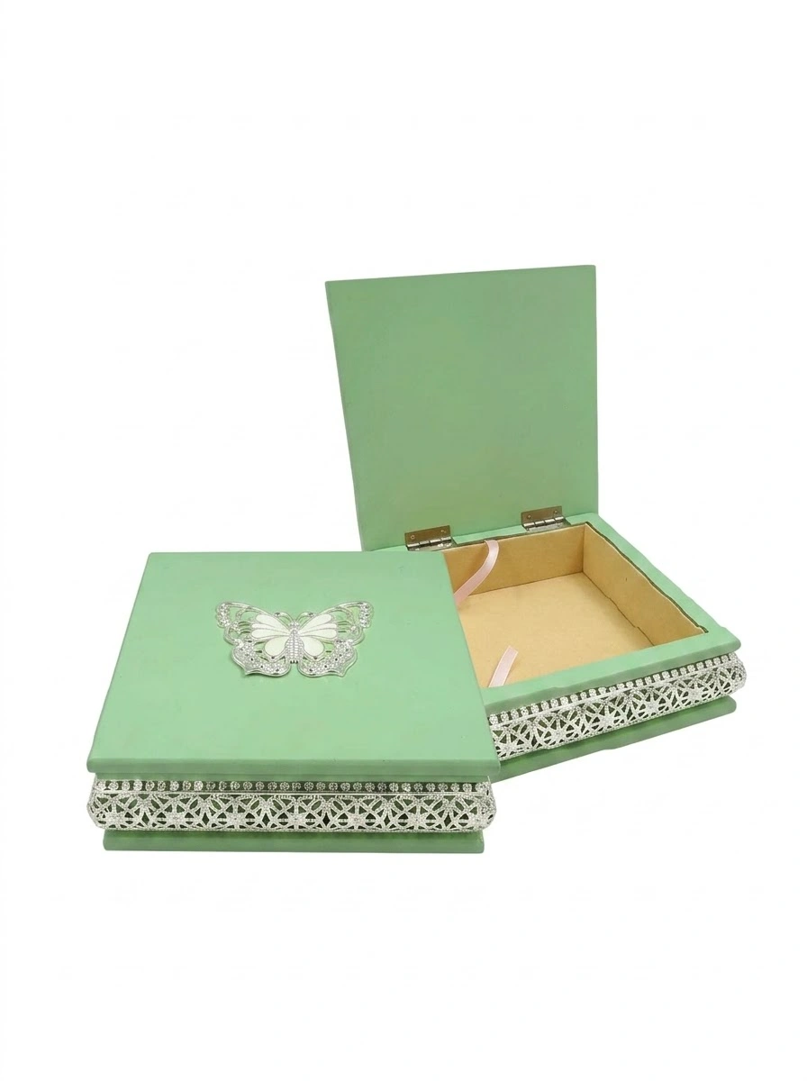 Light Green Wooden Box W/Butterfly EPOXY- Silver Plated