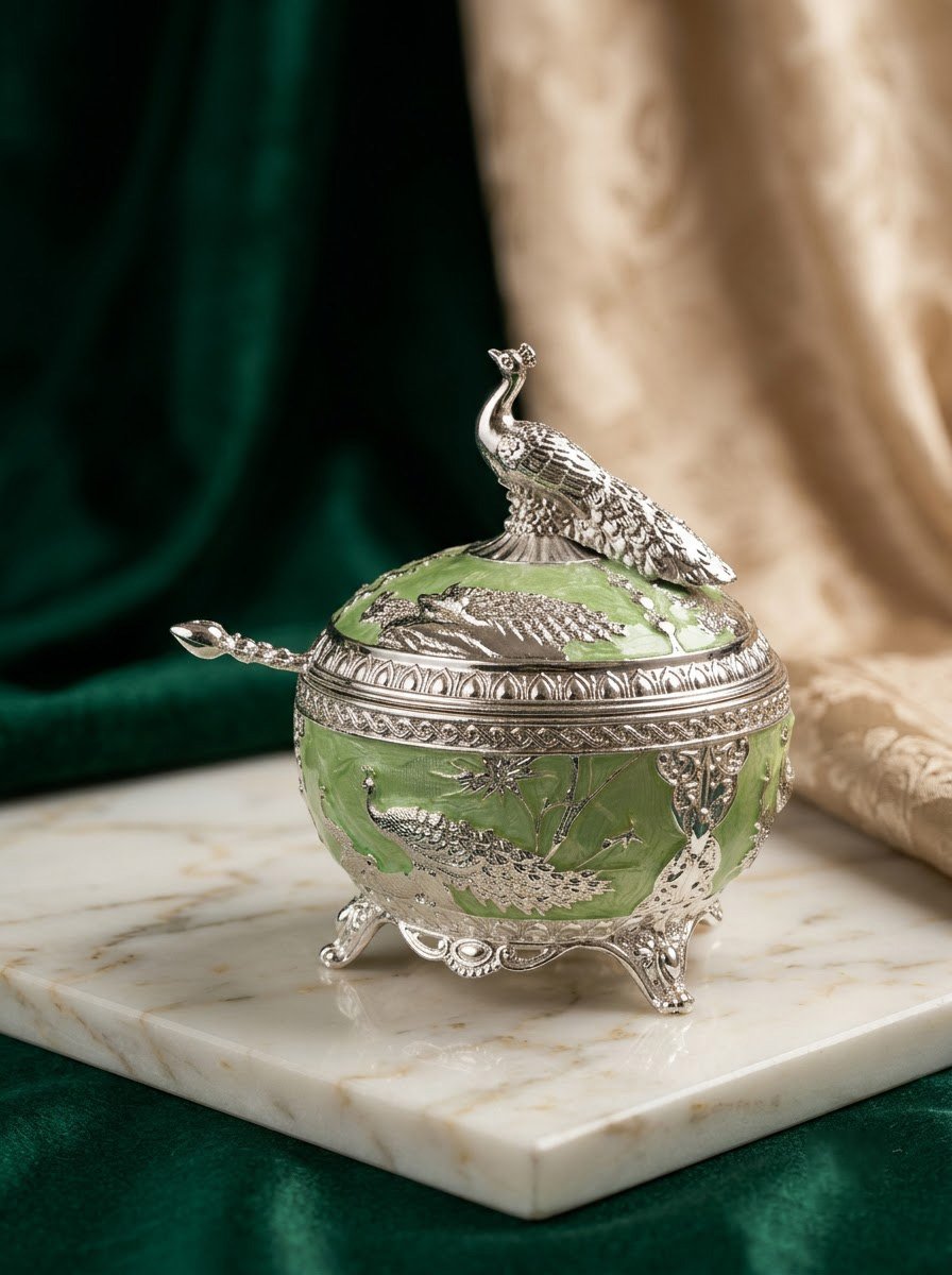 Peacock Sugar Pot (Green Enamel) Big