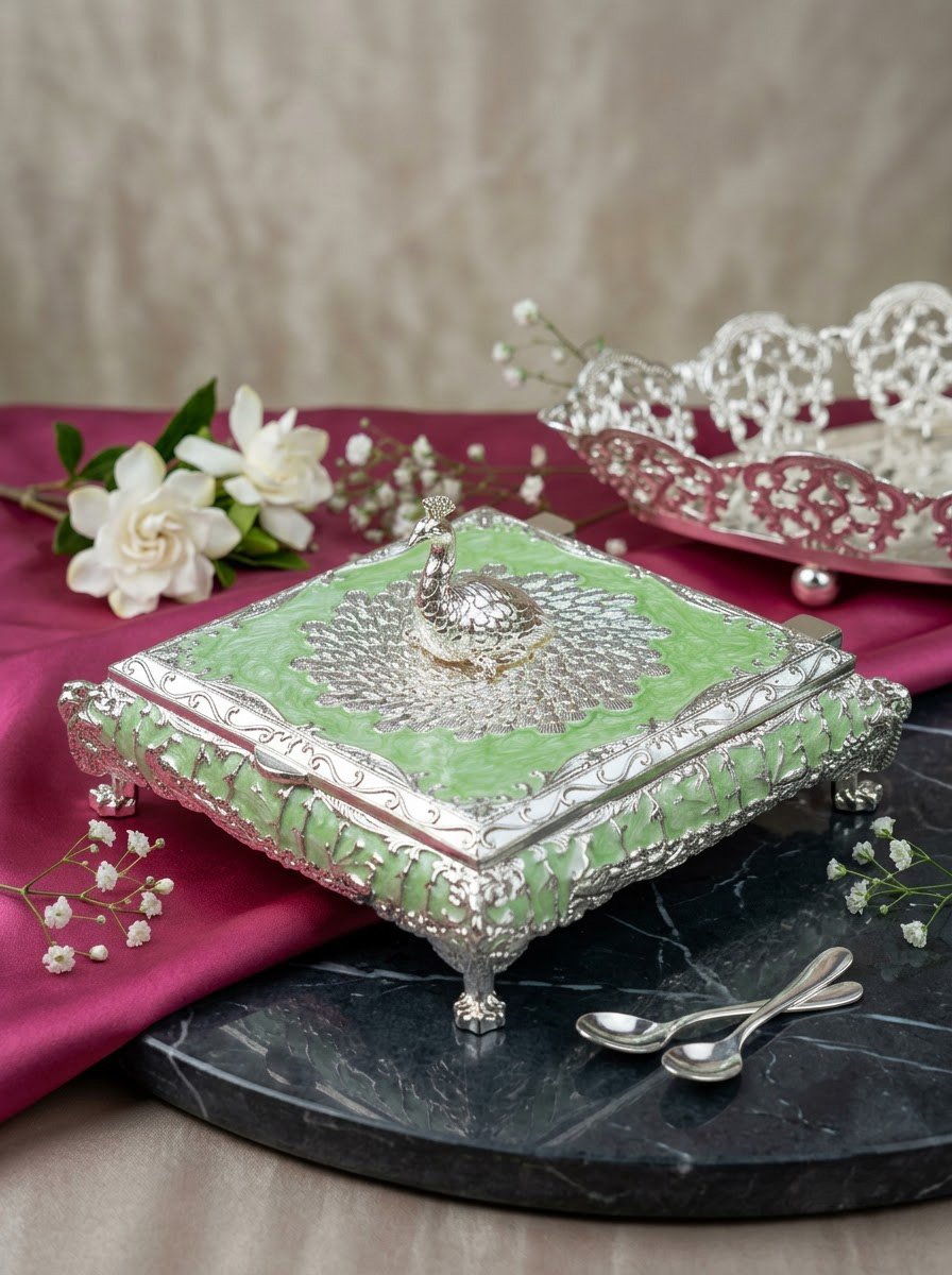 Peacock Mukhwas Box (Green Enamel)