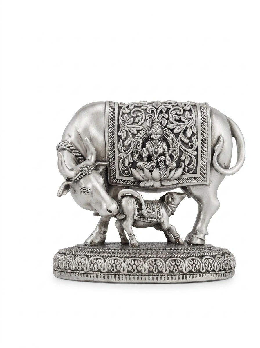 Lakshmi Cow with Calf Big Silver Antiq Emery
