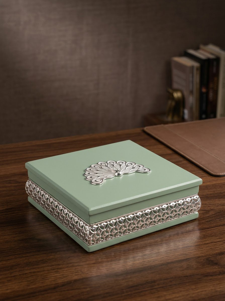 Square Big Peacock Wooden Box (Green)