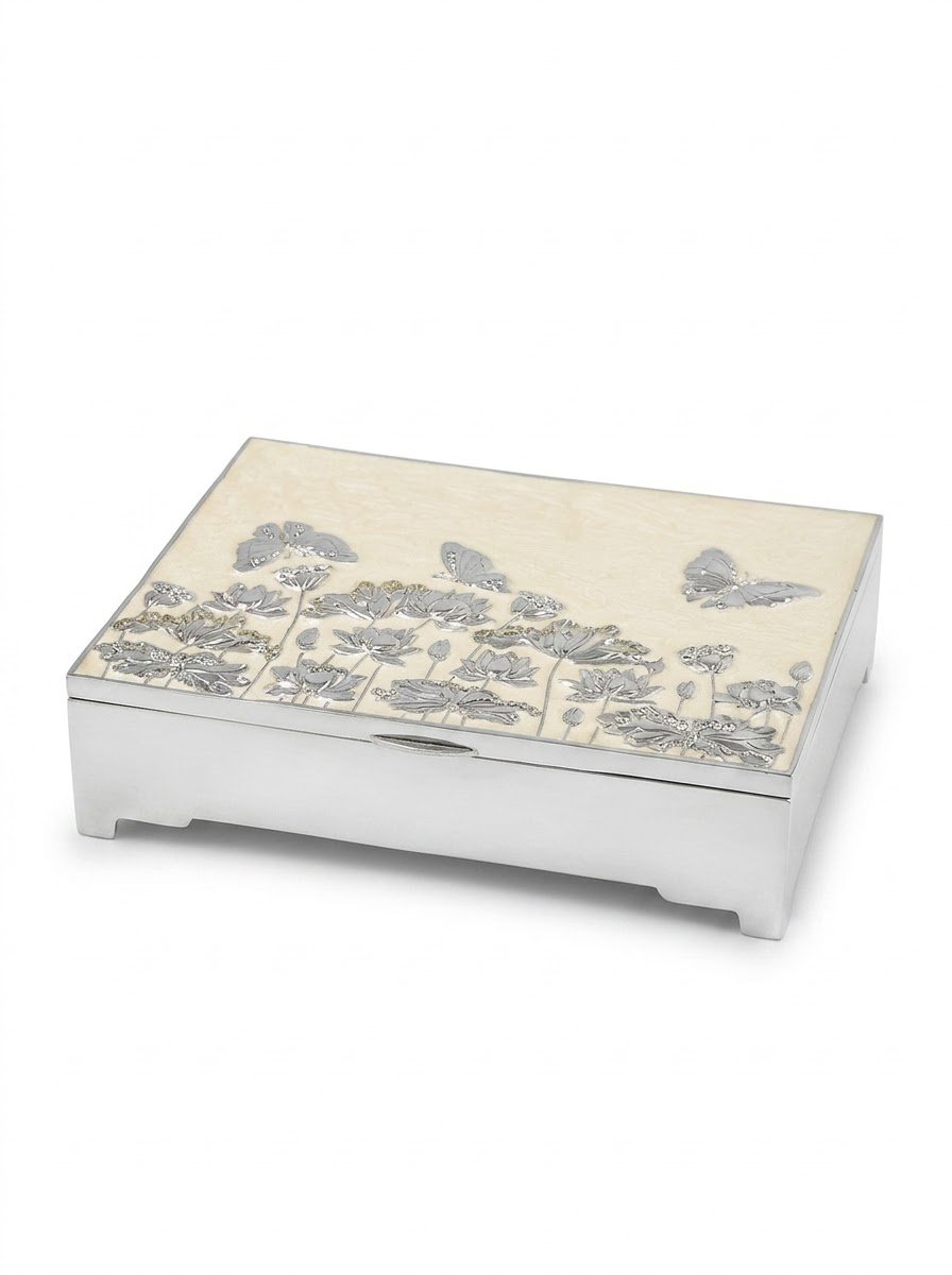 Square Butterfly Jewellery Box Cream Enamel