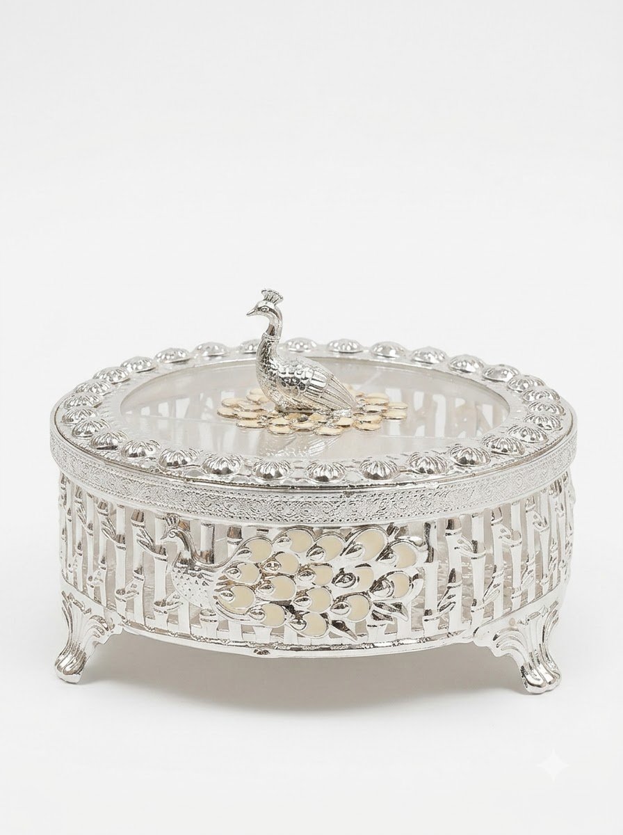 Round Peacock Dry Fruit Box Cream Enamel with Partition