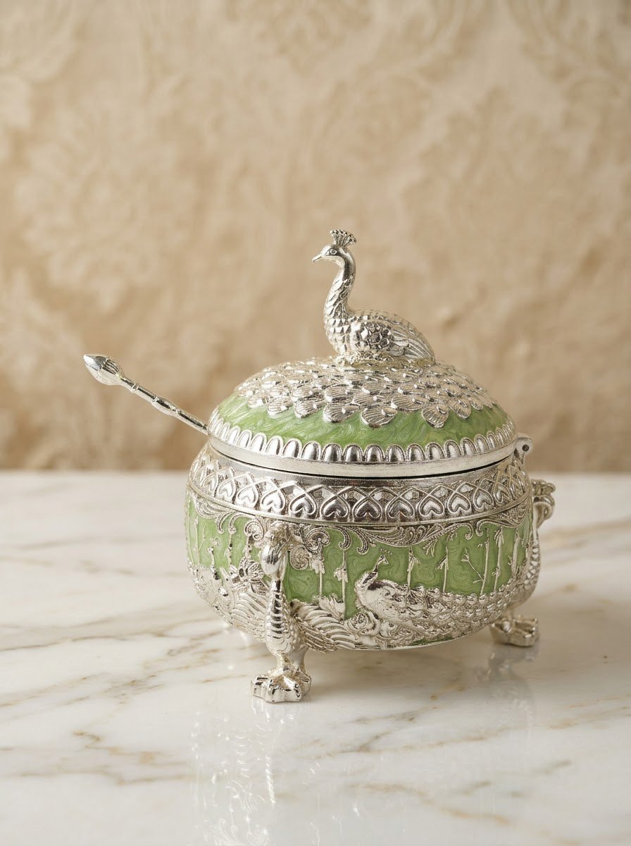Peacock Knob Sugar Pot (Green Enamel)