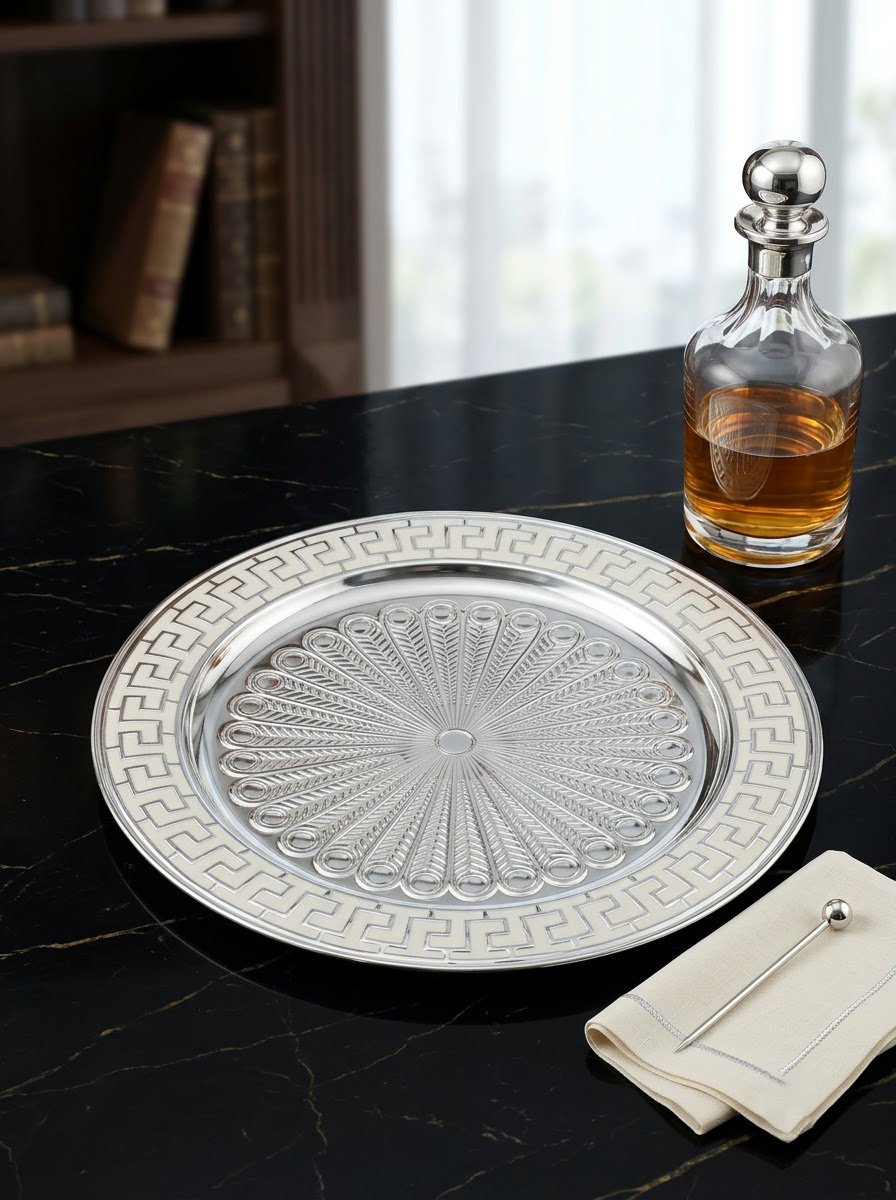 Roman Border Round Tray Cream Enamel