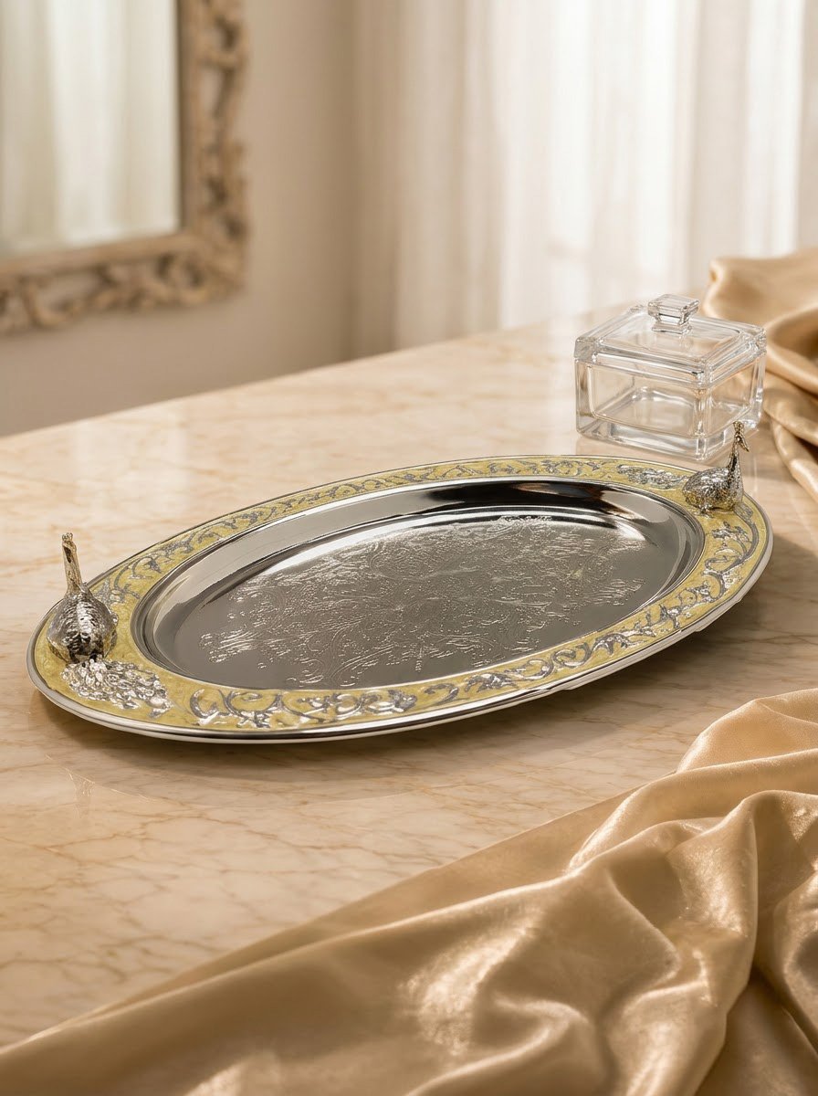 Peacock Motif Oval Tray Cream Enamel
