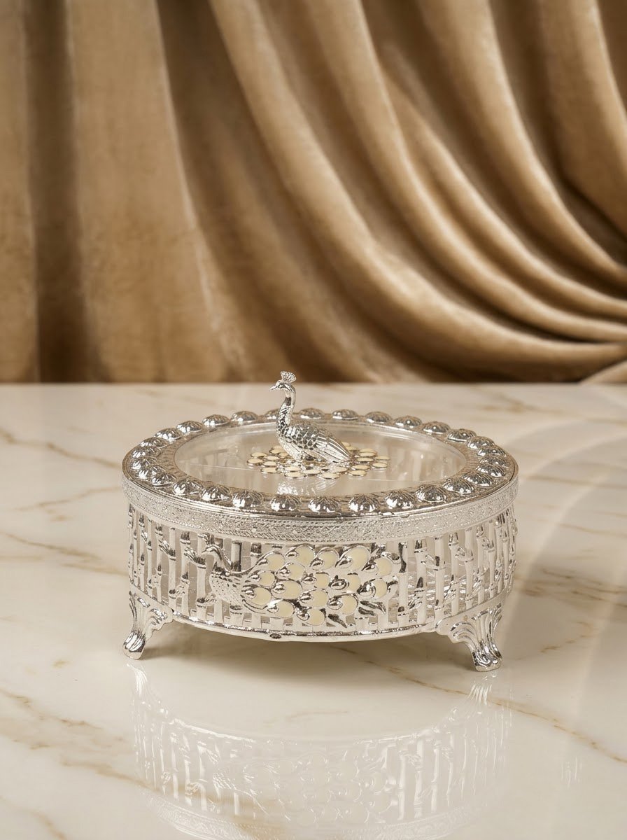 Round Peacock Dry Fruit Box Cream Enamel with Partition