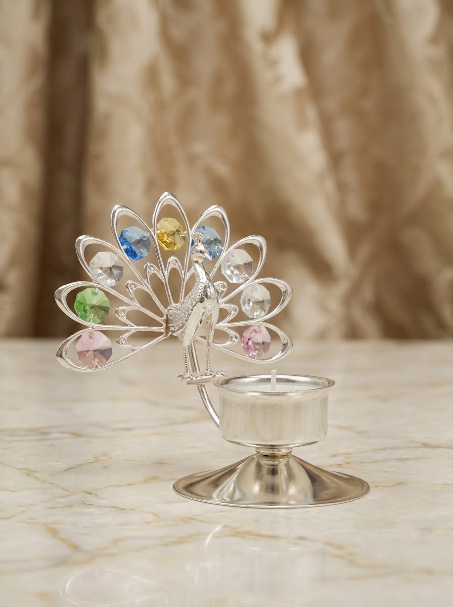 Peacock Tea Light Holder with Crystal