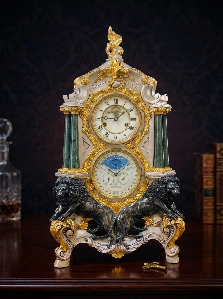 Clock with Two Black Lions & Green Poles