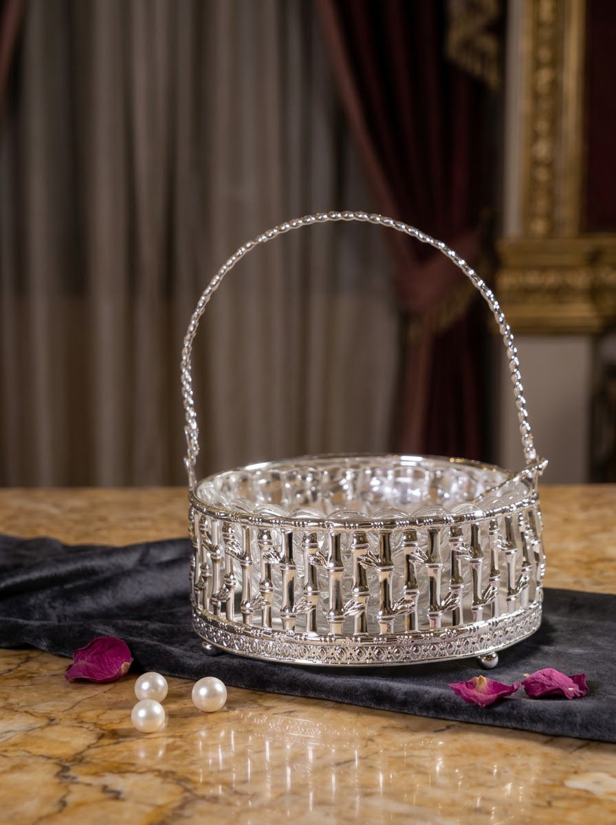 Basket with Glass Bowl- Bamboo Design