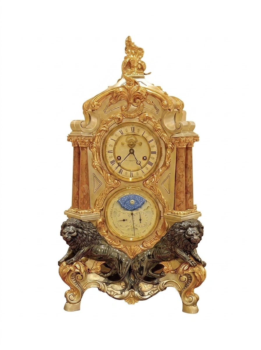Clock with Two Black Lions & Brown Poles