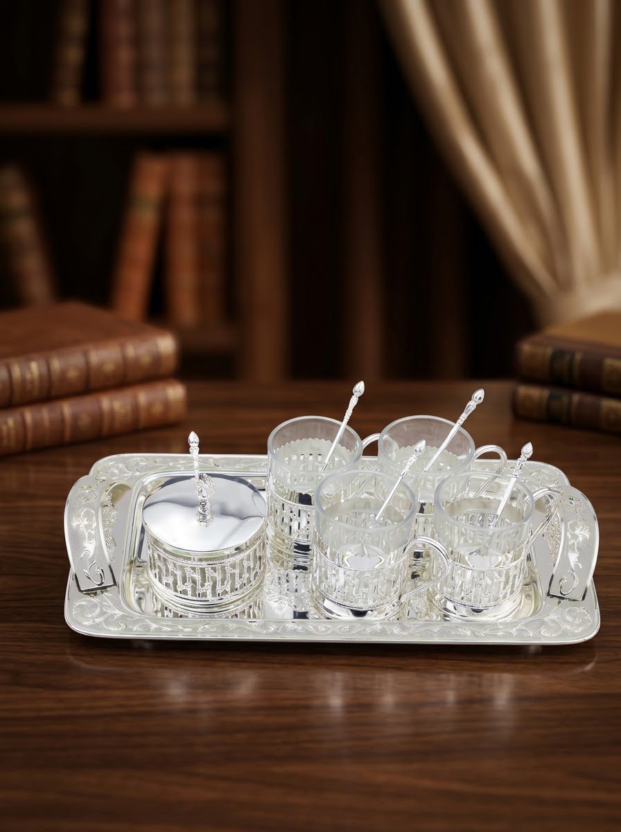 Kawa Set with Rectangle Handle Tray- Cream Enamel