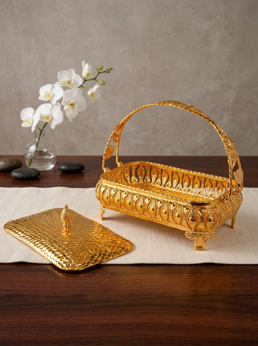 Beehive Rectanglular Shape Covered basket with Flower Handle (G)