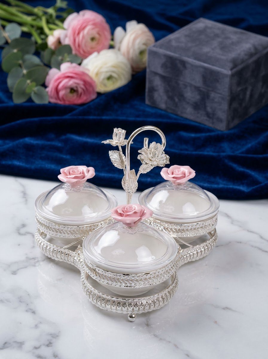 3 Round Ceramic Bowl with Rose Stand