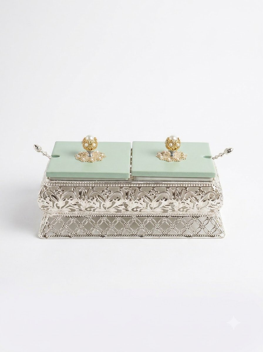 Pair of Ceramics Bowl with Green Wooden Top & Spoons