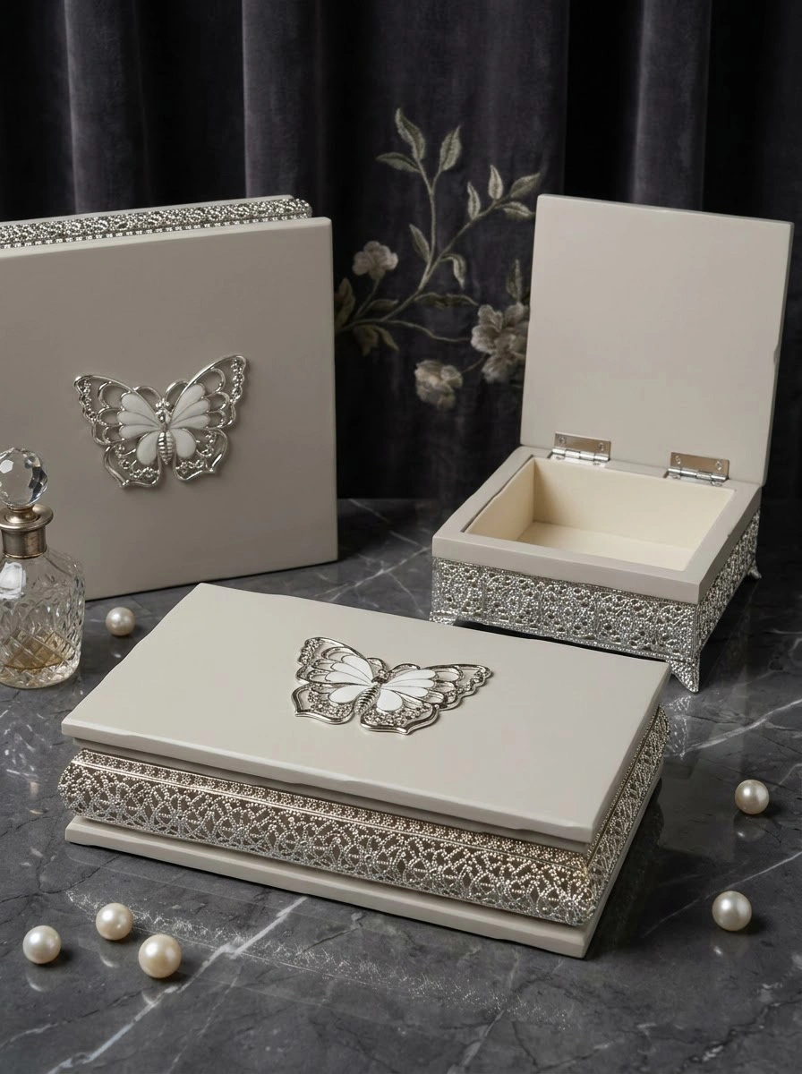 Grey Wooden Box/Butterfly EPOXY- Silver Plated