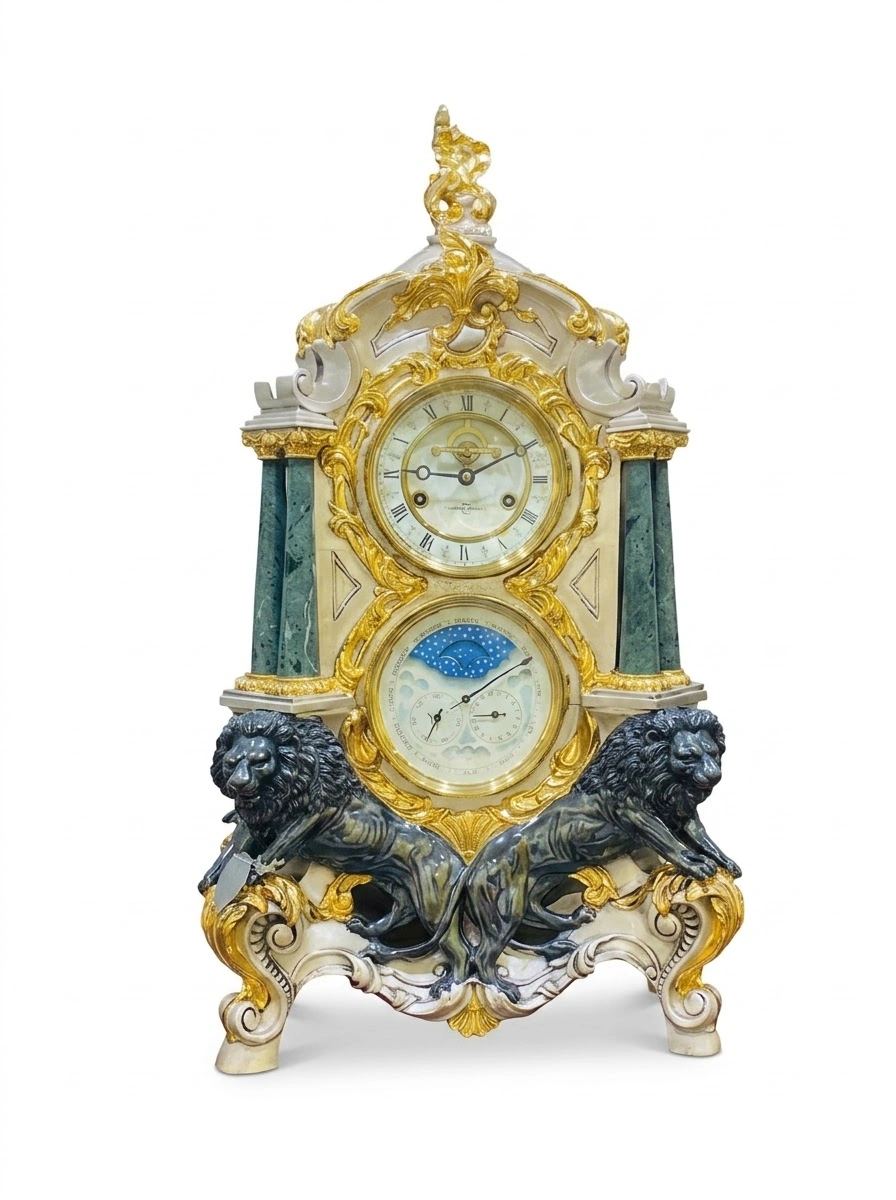 Clock with Two Black Lions & Green Poles