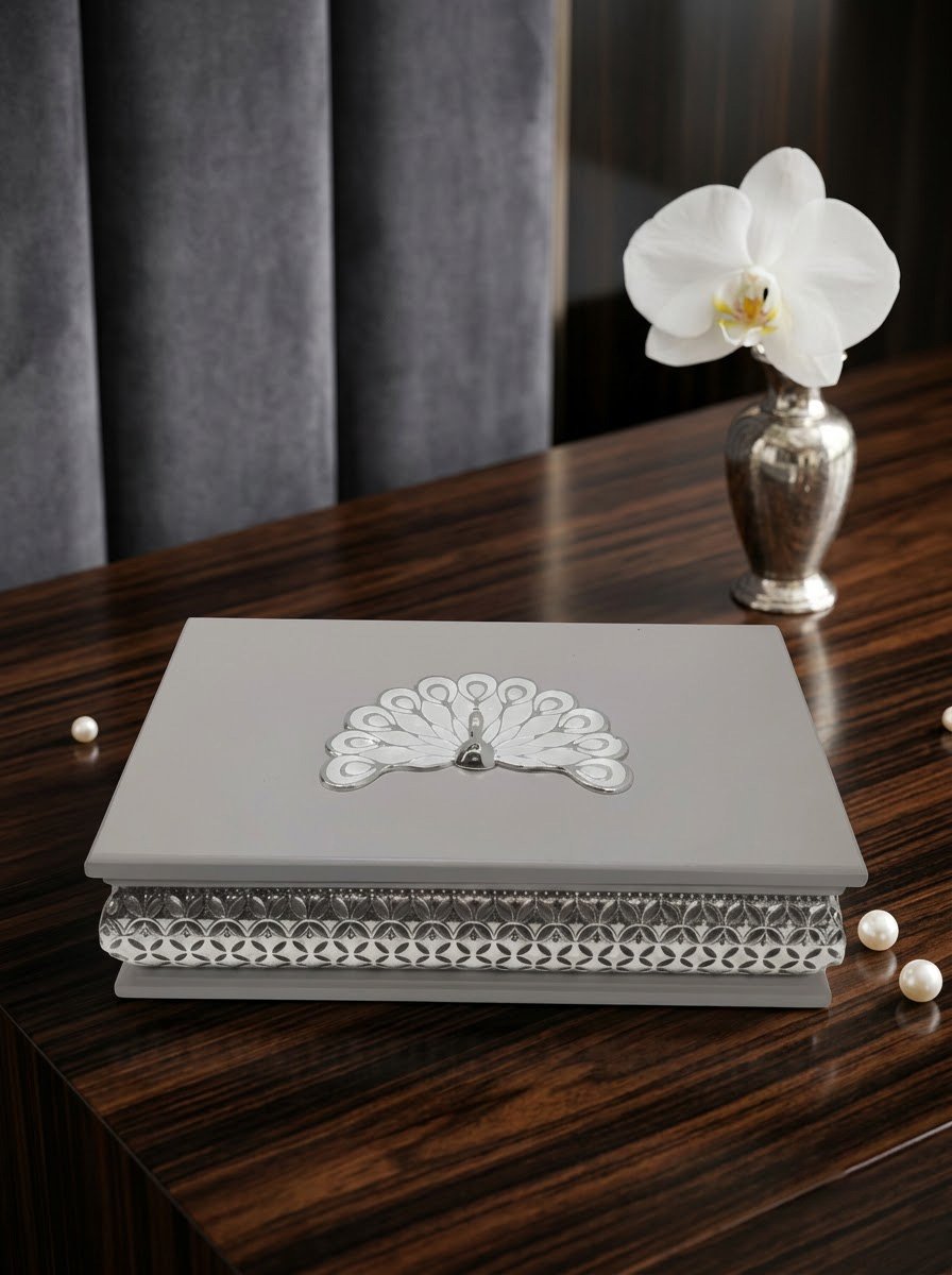 Rectangle Peacock Wooden Box (Grey)