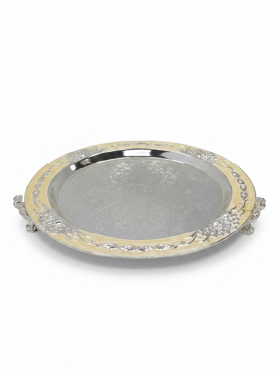 Round Tray with Peacock Foot (Cream Enamel)