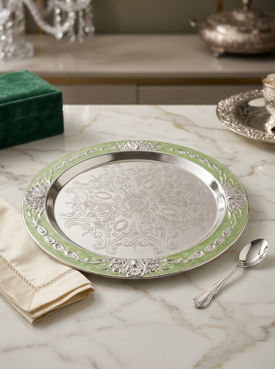 Round Ethed Tray with Green Enamel