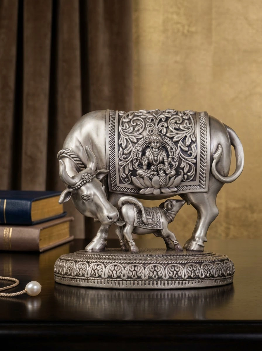 Lakshmi Cow with Calf Big Silver Antiq Emery
