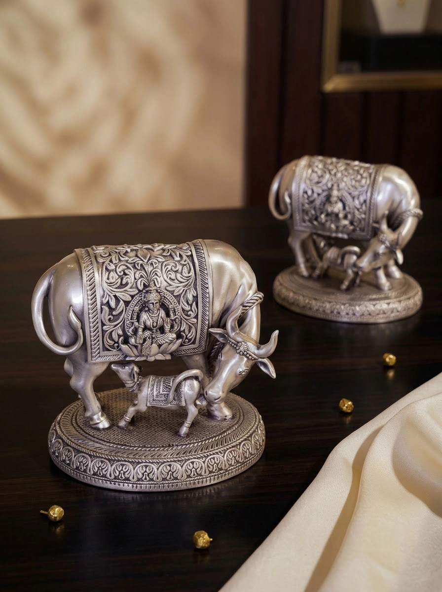 Lakshmi Cow with Calf Medium Silver Antiq Emery