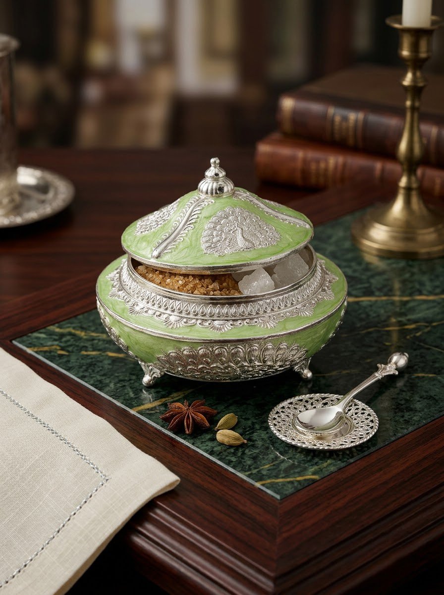Peacock Sugar Pot (Green Enamel)