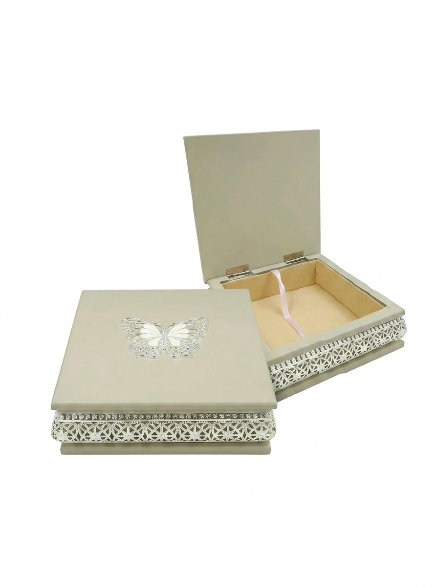 Grey Wooden Box/Butterfly EPOXY- Silver Plated Small