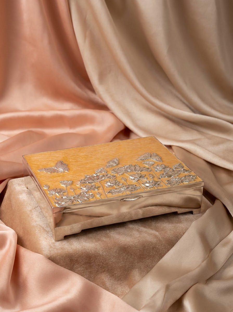 Square Buttefly Jewellery Box Peach Enamel