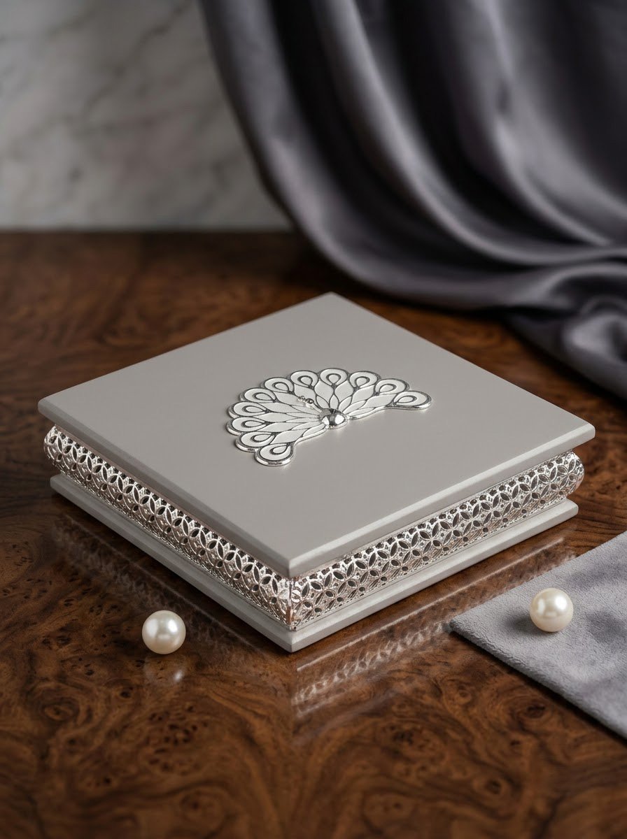 Square Big Peacock Wooden Box (Grey)