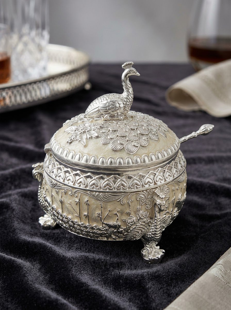 Peacock Knob Sugar Pot (Cream Enamel)