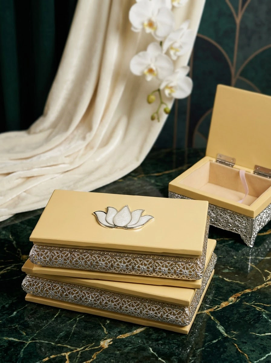 Light Beige Wooden Box W/Flower EPOXY- Silver Plated