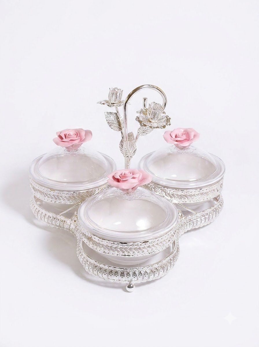 3 Round Ceramic Bowl with Rose Stand