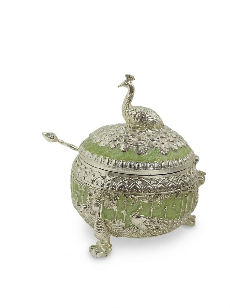 Peacock Knob Sugar Pot (Green Enamel)