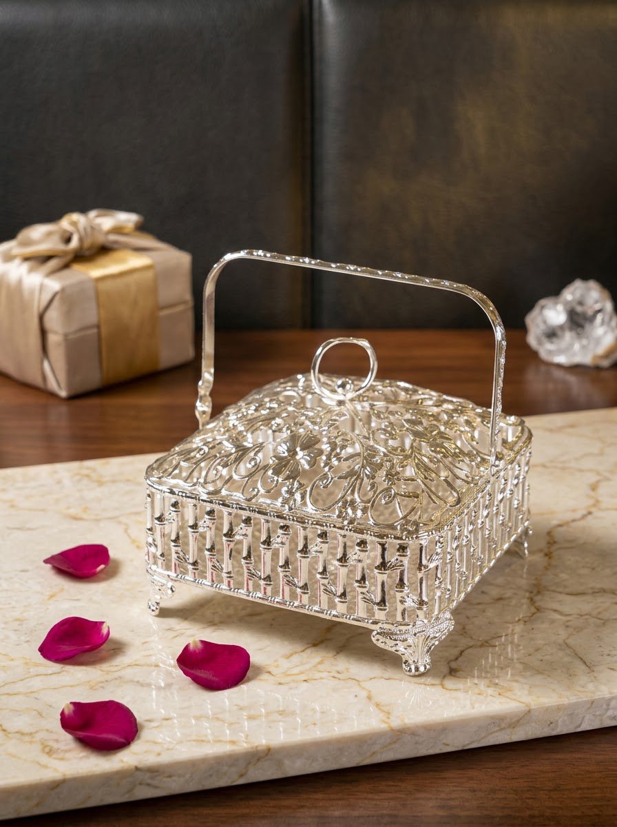 Small Square Basket with Lid & Handle Bamboo Design