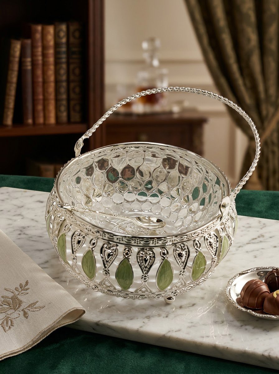 Basket with Glass Bowl- Green Enamel
