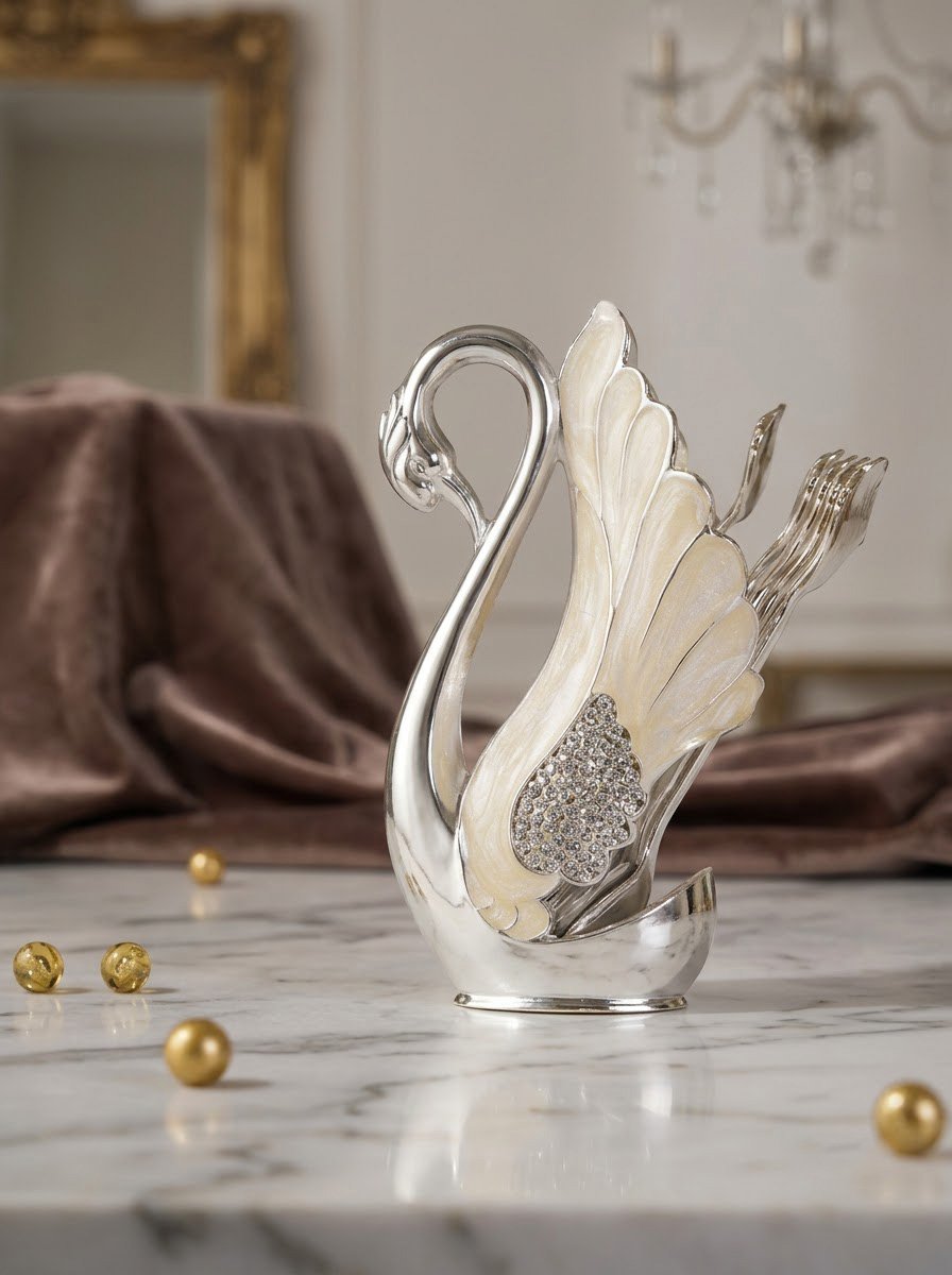 Swan Spoon Holder with 6 Spoons Cream Enamel