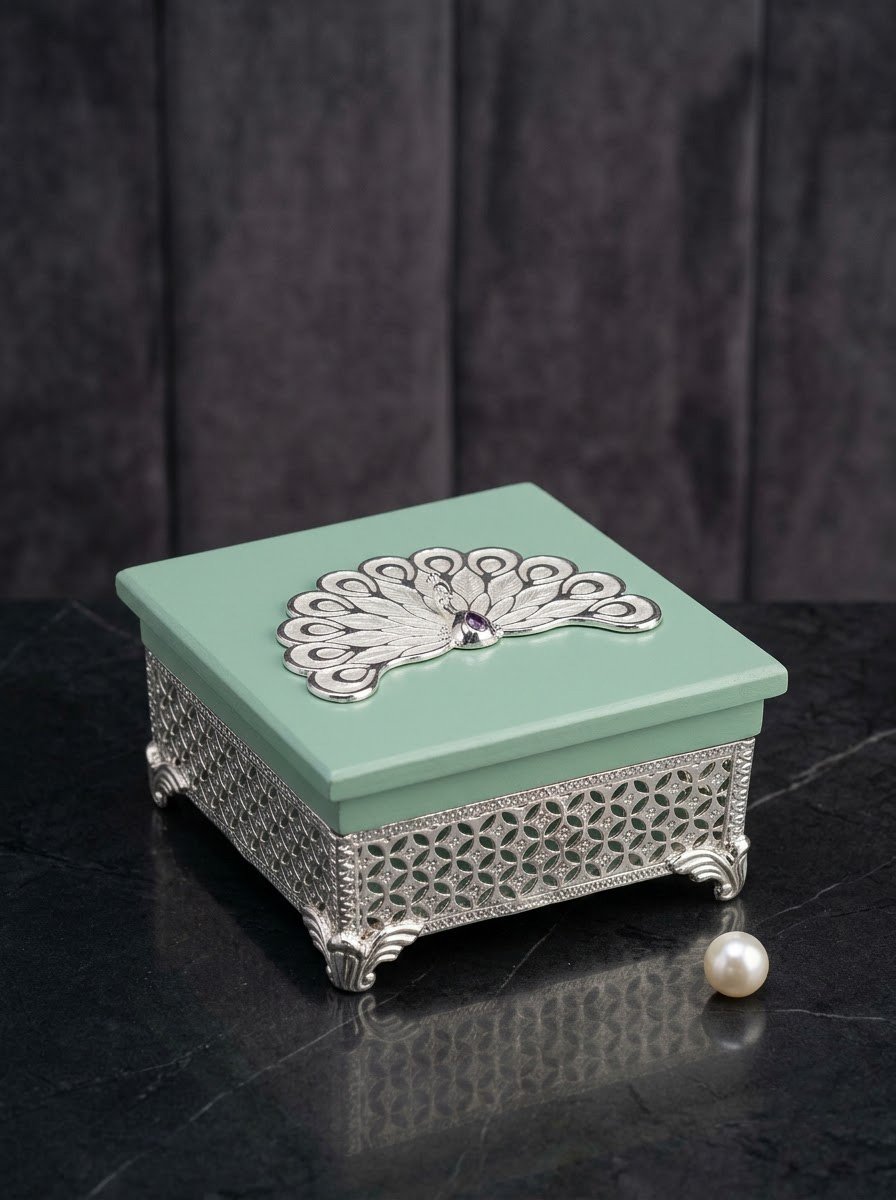 Square Small Peacock Wooden Box (Green)