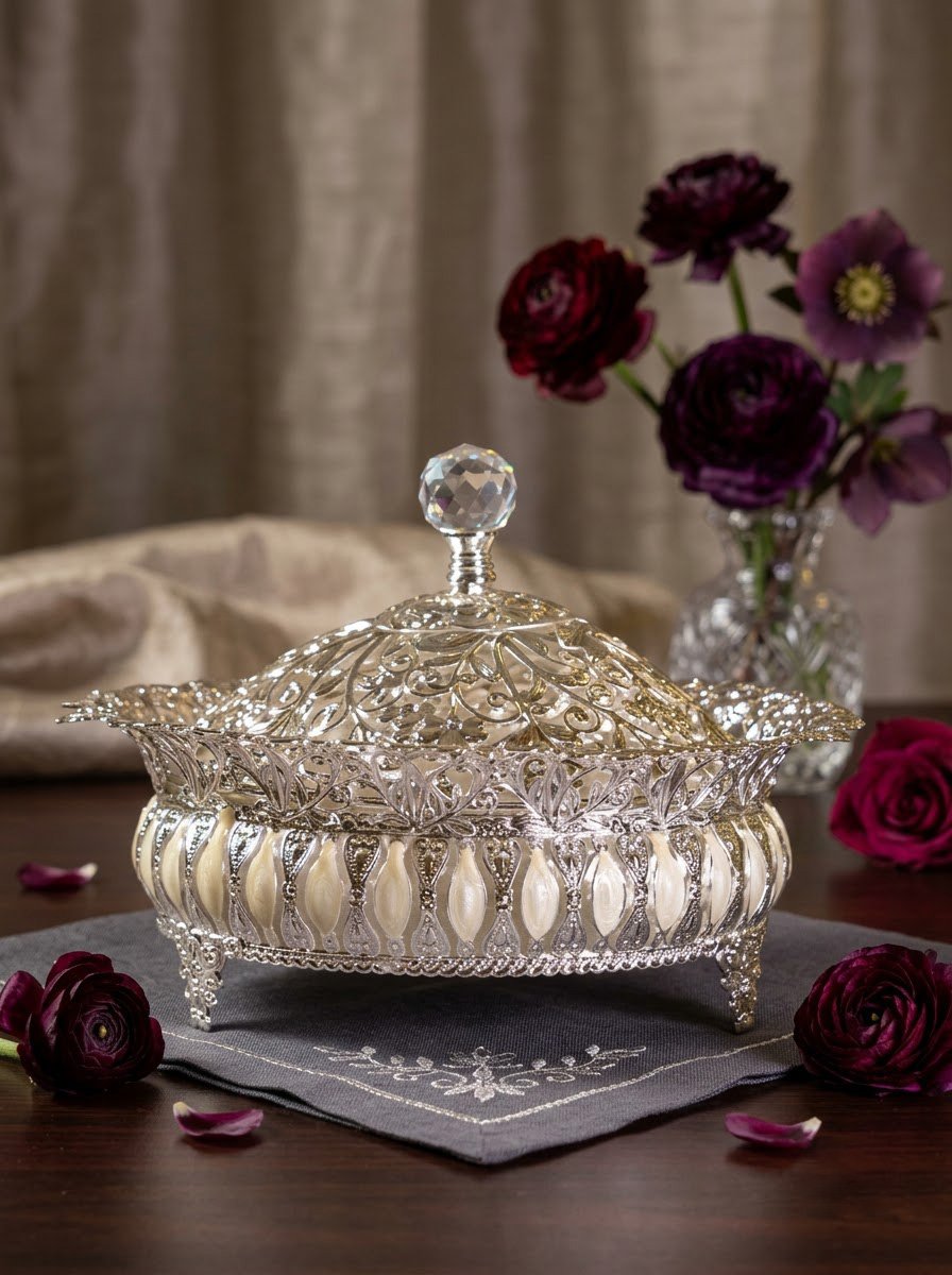 Leaf Bowl with Lid in White Enamel- Small