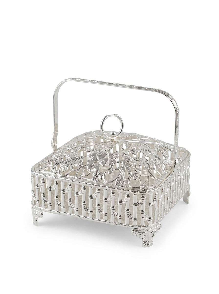 Small Square Basket with Lid & Handle Bamboo Design
