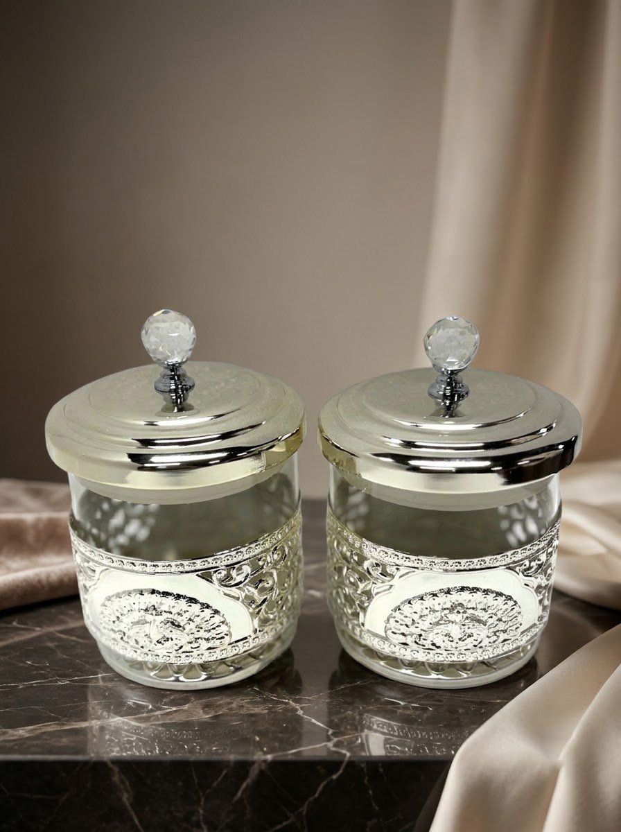 Pair of Peacock Jars with Crystal Nobs