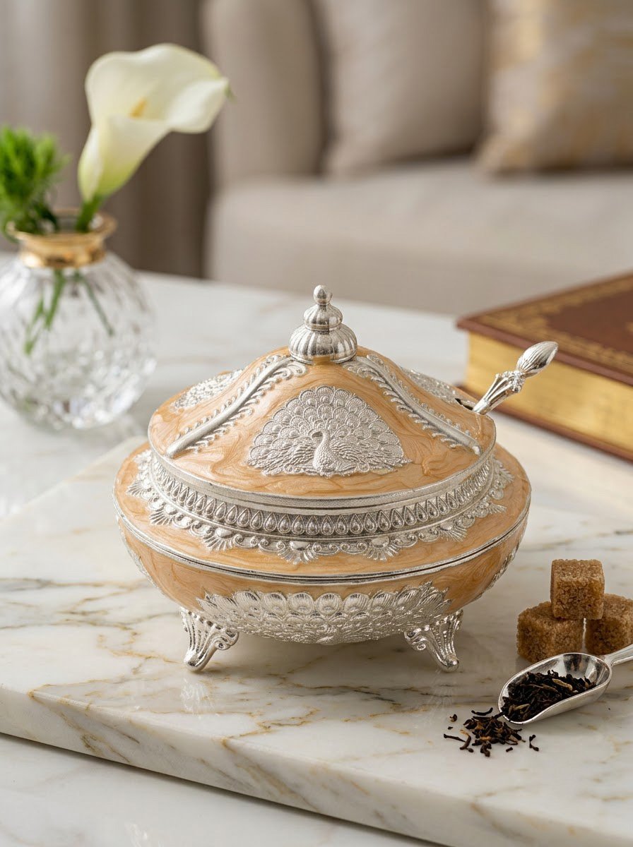 Peacock Sugar Pot (Peach Enamel)
