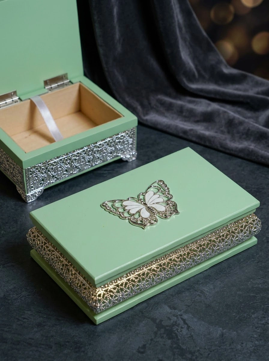 Light Green Wooden Box W/Butterfly EPOXY- Silver Plated